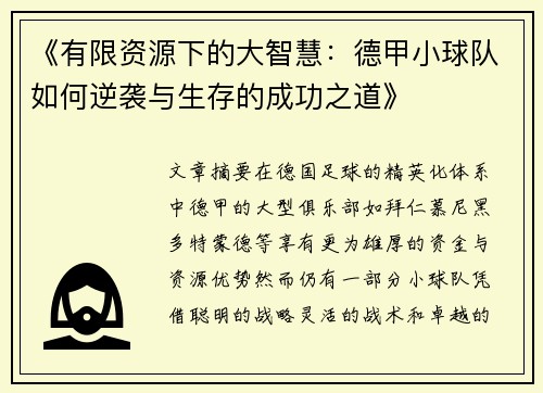 《有限资源下的大智慧：德甲小球队如何逆袭与生存的成功之道》
