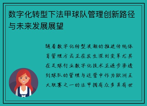 数字化转型下法甲球队管理创新路径与未来发展展望